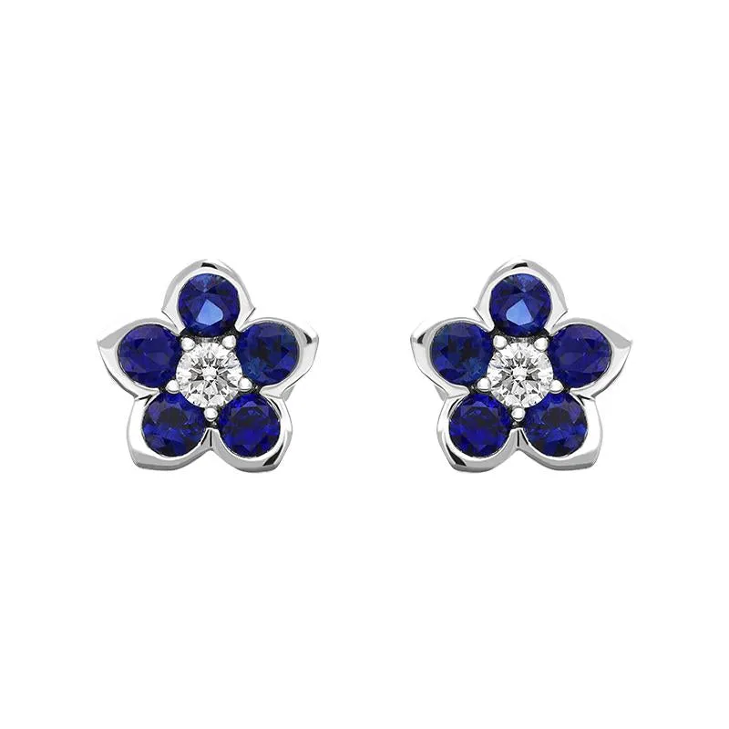 18ct White Gold Sapphire Diamond Flower Cluster Stud Earrings