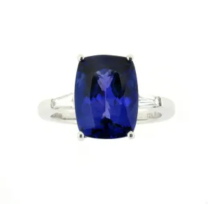 18ct White Gold Tanzanite and Diamond Cushion Cut Precision Ring