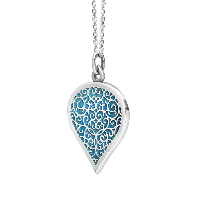 18ct White Gold Turquoise Flore Filigree Large Heart Necklace