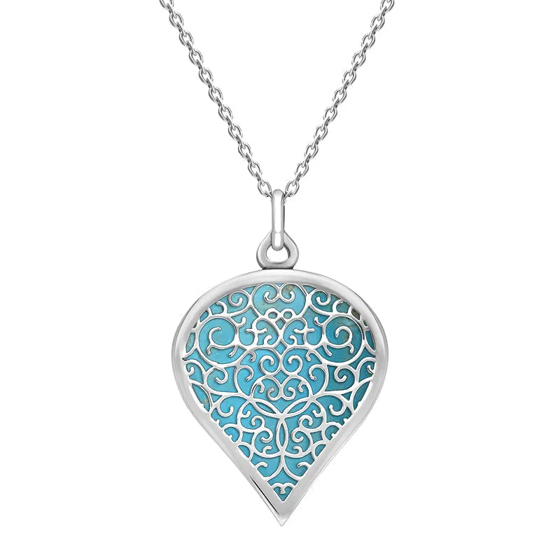 18ct White Gold Turquoise Flore Filigree Large Heart Necklace