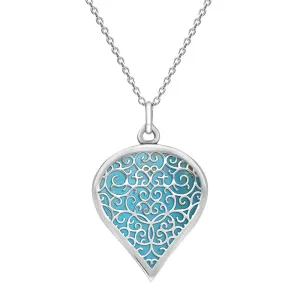18ct White Gold Turquoise Flore Filigree Large Heart Necklace