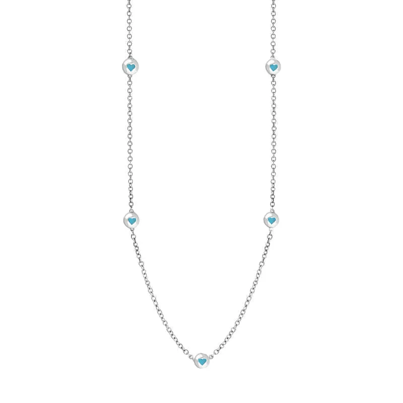 18ct White Gold Turquoise Heart Link Disc Chain Necklace