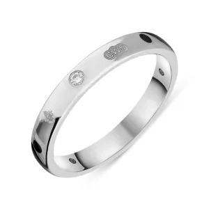 18ct White Gold Whitby Jet 0.06ct Diamond Queen's Jubilee Hallmark 3mm Ring D