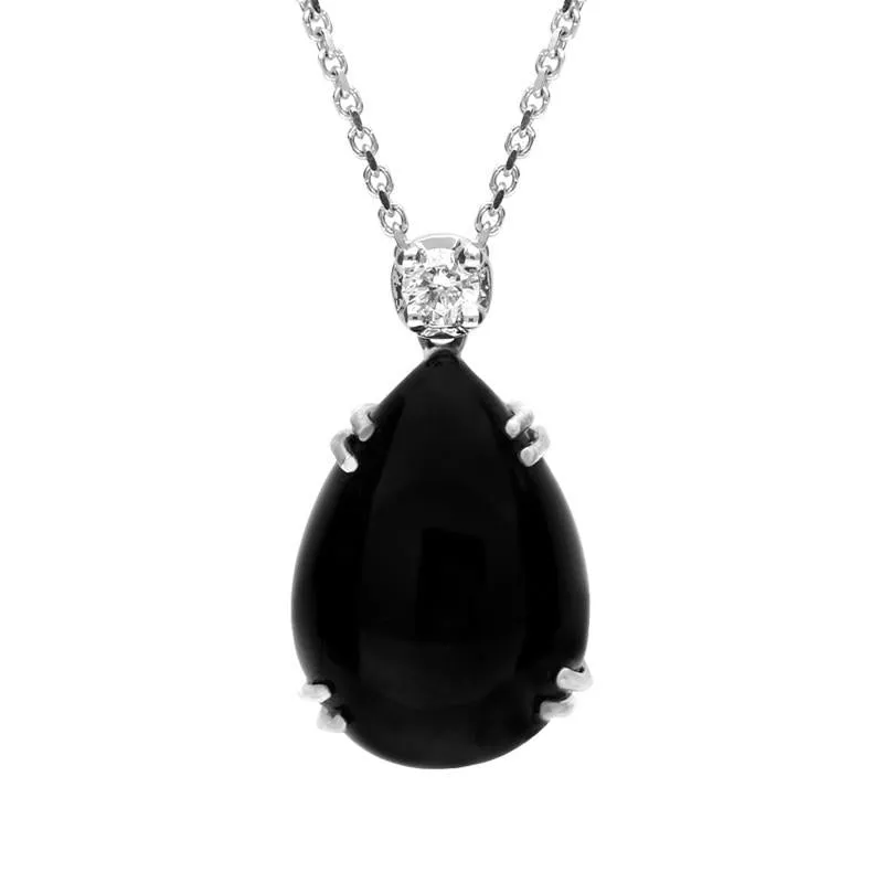 18ct White Gold Whitby Jet 0.07ct Diamond Claw Set Pear Necklace