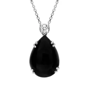 18ct White Gold Whitby Jet 0.07ct Diamond Claw Set Pear Necklace