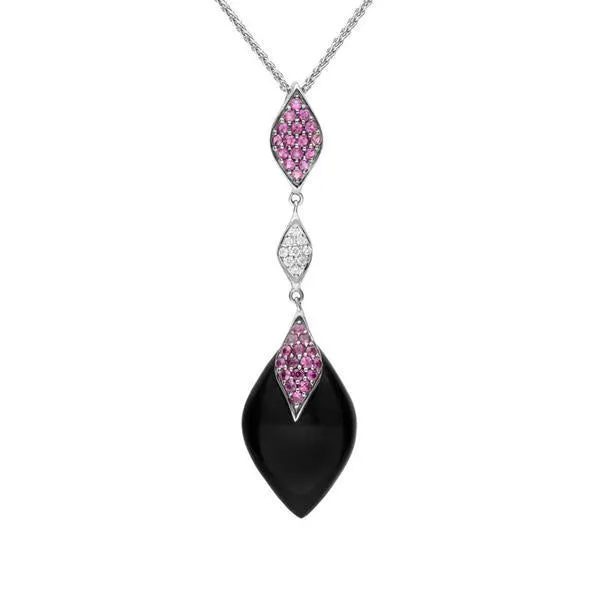 18ct White Gold Whitby Jet 0.08ct Diamond 0.56ct Pink Sapphire Necklace