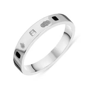 18ct White Gold Whitby Jet 0.09ct Diamond Queen's Jubilee Hallmark Princess Cut 4mm Ring D
