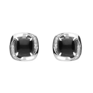 18ct White Gold Whitby Jet 0.11ct Diamond Cushion Stud Earrings D