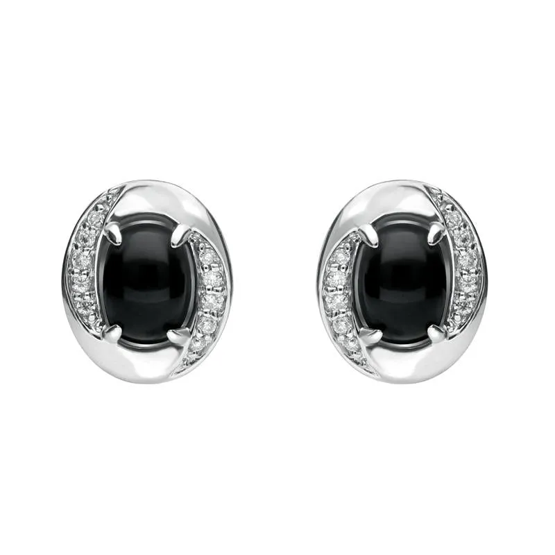 18ct White Gold Whitby Jet 0.11ct Diamond Oval Earrings D