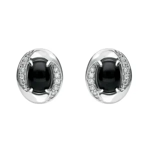 18ct White Gold Whitby Jet 0.11ct Diamond Oval Earrings D