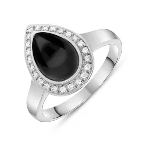 18ct White Gold Whitby Jet 0.13ct Diamond Pear Shaped Ring