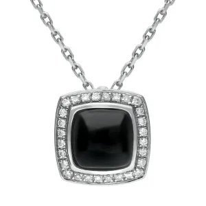 18ct White Gold Whitby Jet 0.13ct Diamond Square Pave Edge Necklace