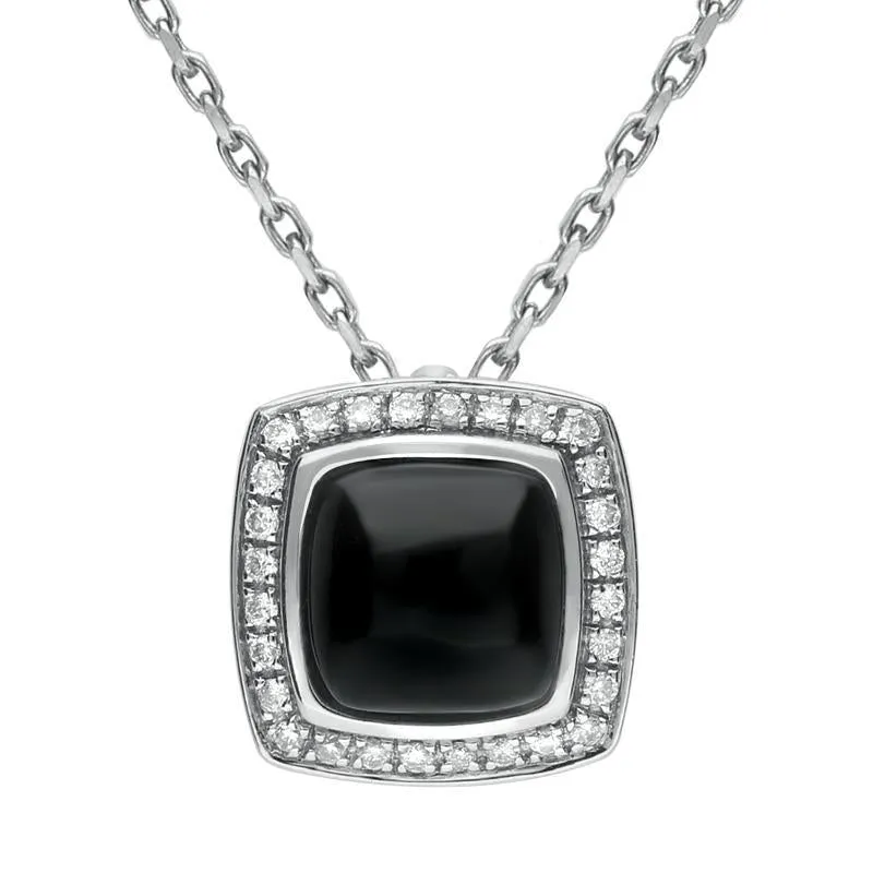 18ct White Gold Whitby Jet 0.13ct Diamond Square Pave Edge Necklace