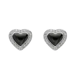 18ct White Gold Whitby Jet 0.14ct Diamond Edge Heart Stud Earrings