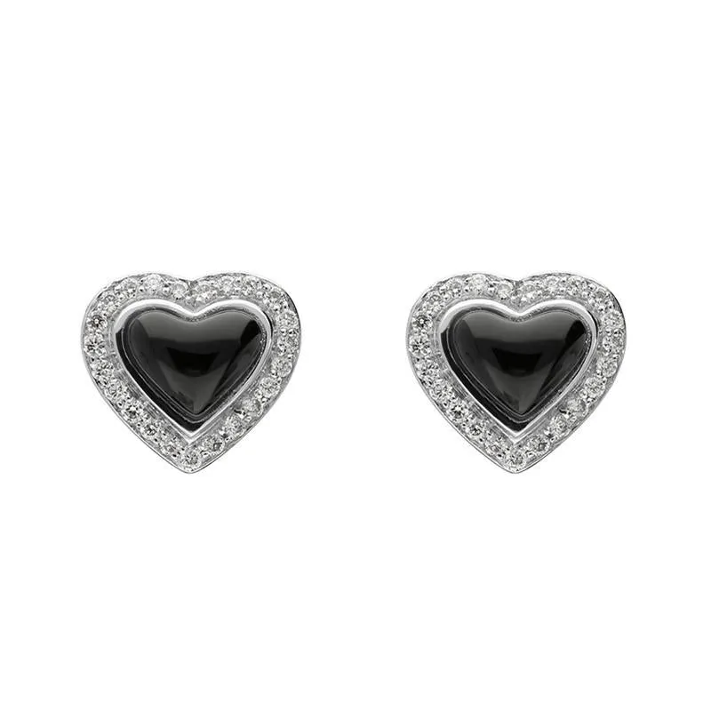 18ct White Gold Whitby Jet 0.14ct Diamond Edge Heart Stud Earrings