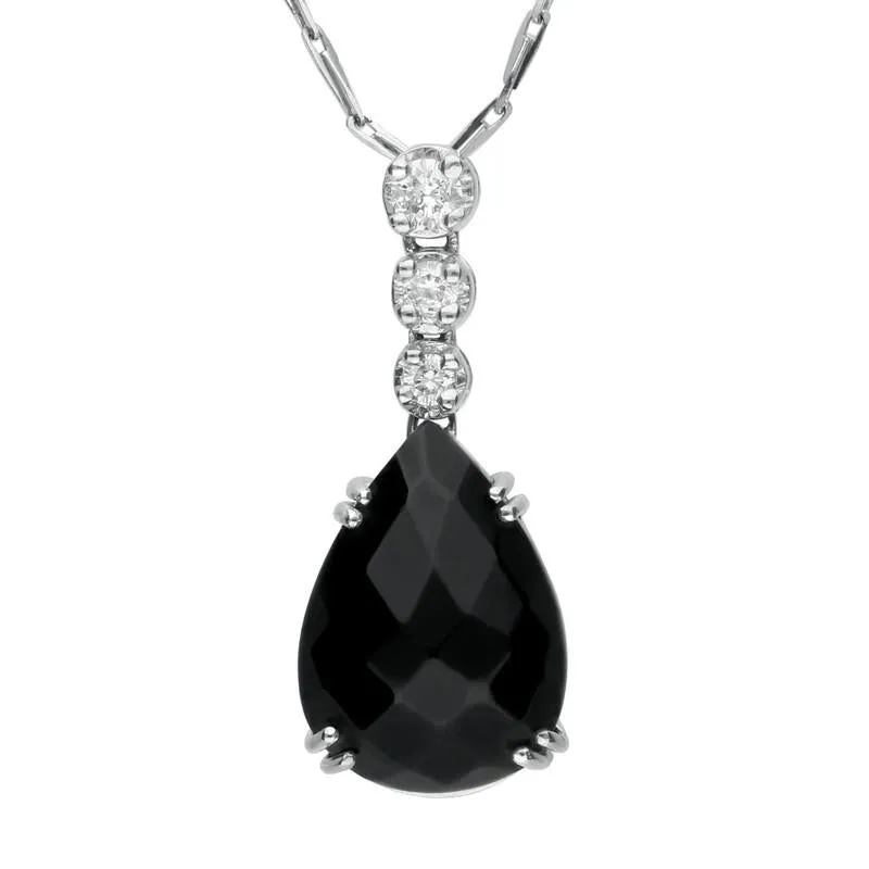18ct White Gold Whitby Jet 0.14ct Diamond Faceted Pear Necklace D