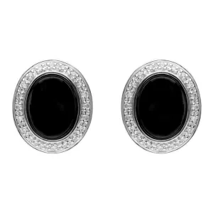 18ct White Gold Whitby Jet 0.15ct Diamond Oval Stud Earrings
