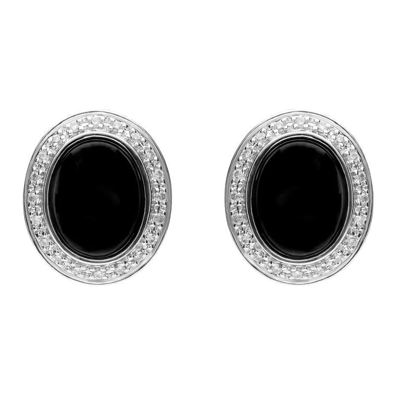 18ct White Gold Whitby Jet 0.15ct Diamond Oval Stud Earrings