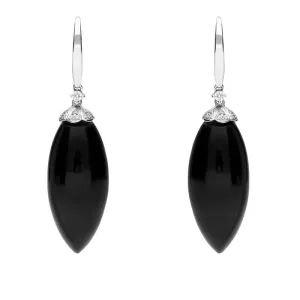 18ct White Gold Whitby Jet 0.16ct Diamond Cluster Drop Earrings
