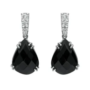 18ct White Gold Whitby Jet 0.19ct Diamond Faceted Pear Drop Earrings