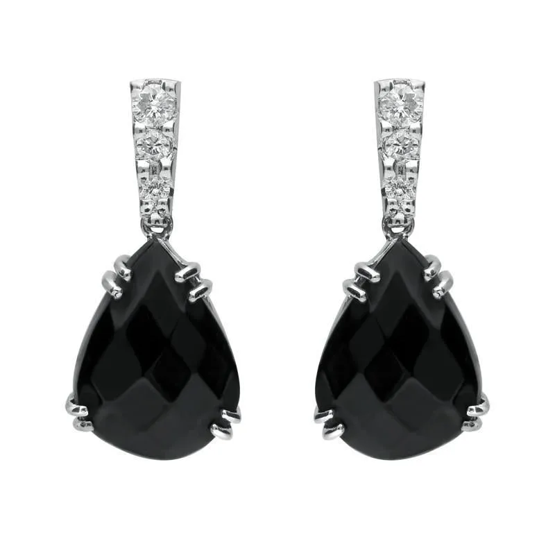 18ct White Gold Whitby Jet 0.19ct Diamond Faceted Pear Drop Earrings