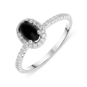 18ct White Gold Whitby Jet 0.27ct Diamond Oval Cluster Ring