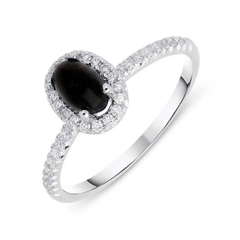 18ct White Gold Whitby Jet 0.27ct Diamond Oval Cluster Ring