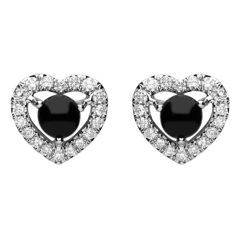 18ct White Gold Whitby Jet 0.33ct Diamond Heart Stud Earrings