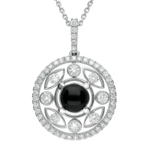 18ct White Gold Whitby Jet 0.60ct Diamond Surround Round Necklace