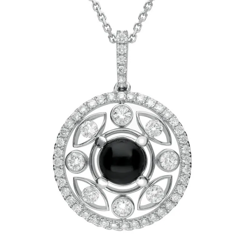 18ct White Gold Whitby Jet 0.60ct Diamond Surround Round Necklace