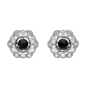 18ct White Gold Whitby Jet 0.62ct Diamond Flower Shape Stud Earrings