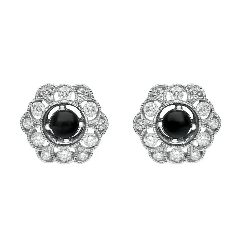 18ct White Gold Whitby Jet 0.62ct Diamond Flower Shape Stud Earrings