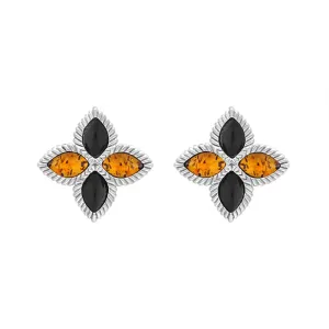 18ct White Gold Whitby Jet And Amber Eden Marquise Flower Stud Earrings