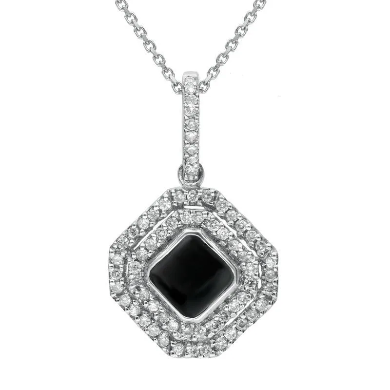18ct White Gold Whitby Jet Diamond Double Row Octogon Shaped Necklace