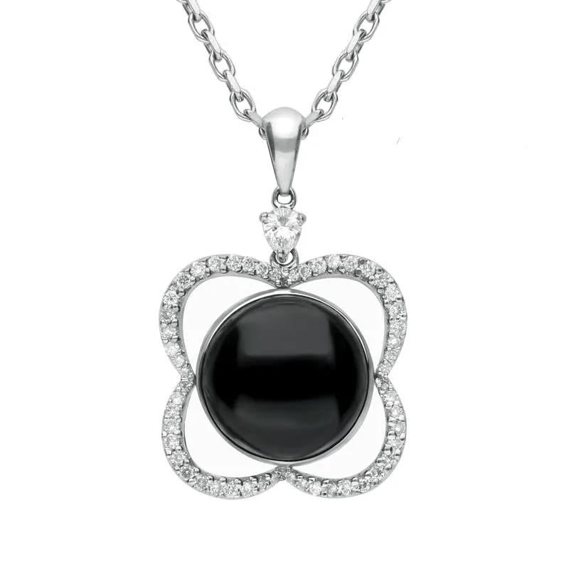 18ct White Gold Whitby Jet Diamond Open Flower Necklace D