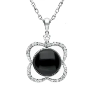 18ct White Gold Whitby Jet Diamond Open Flower Necklace D