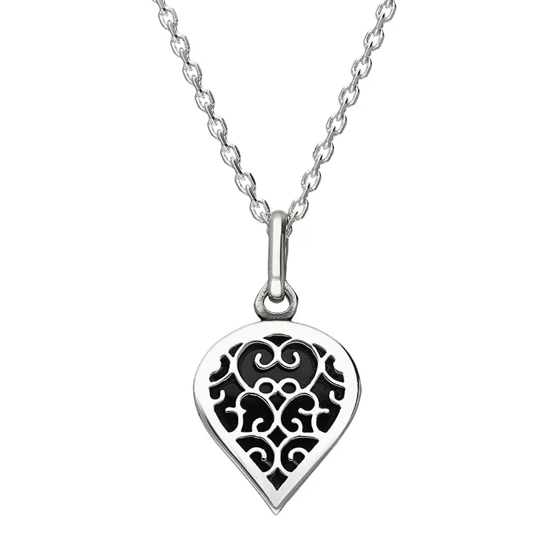 18ct White Gold Whitby Jet Flore Filigree Small Heart Necklace