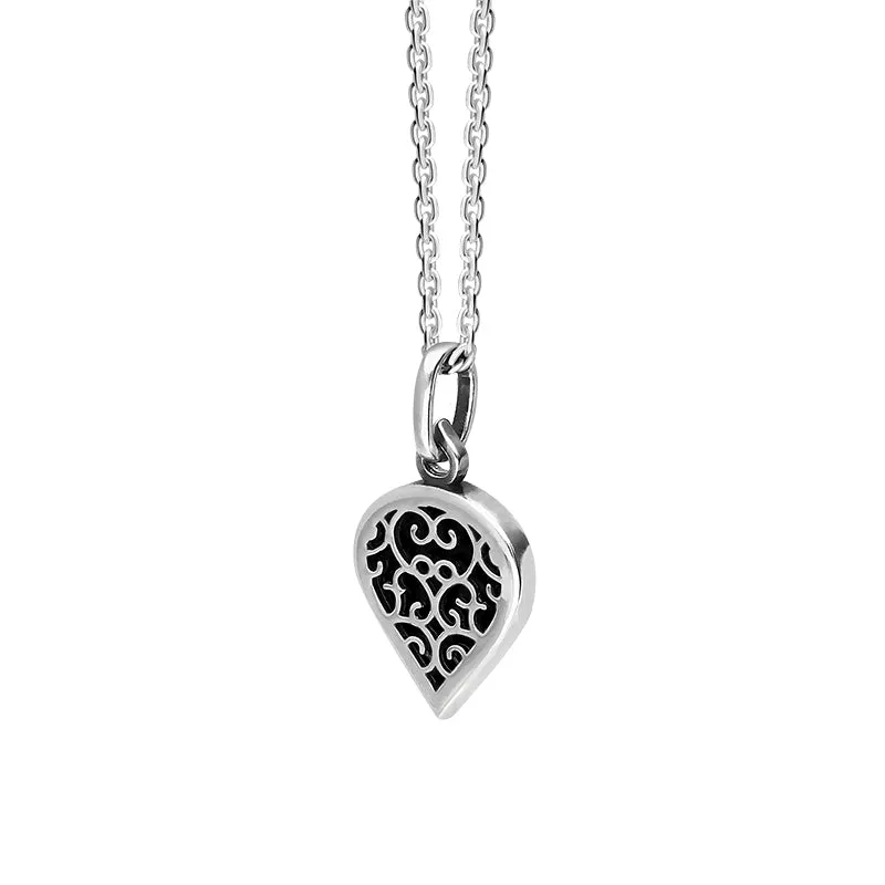18ct White Gold Whitby Jet Flore Filigree Small Heart Necklace