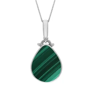 18ct White Gold Whitby Jet Malachite Double Sided Pear Fob Necklace