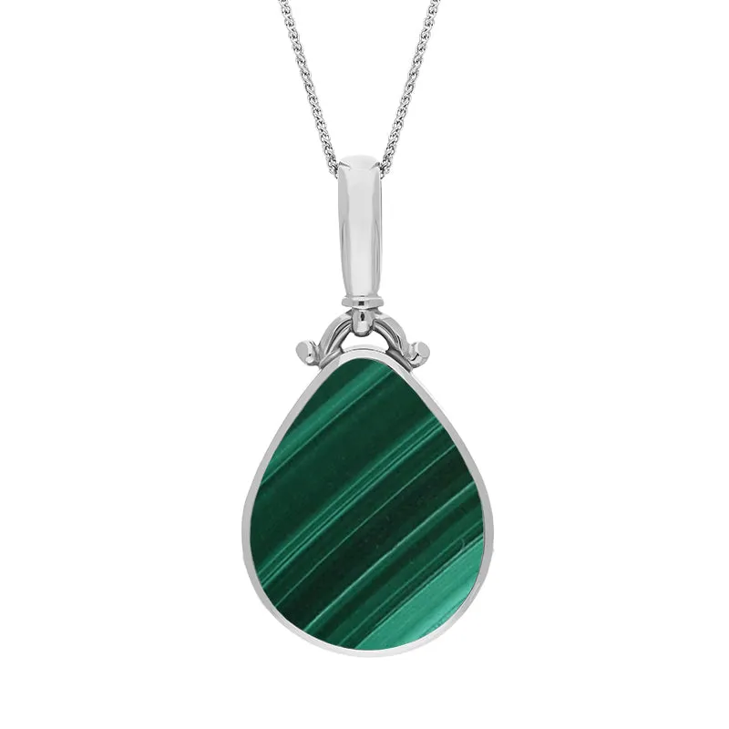 18ct White Gold Whitby Jet Malachite Double Sided Pear Fob Necklace