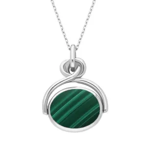 18ct White Gold Whitby Jet Malachite Oval Swivel Fob Necklace