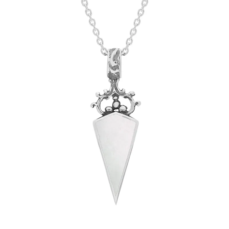 18ct White Gold Whitby Jet Mother Of Pearl Double Sided Dagger Fob Necklace