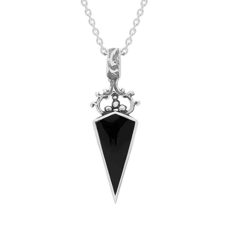 18ct White Gold Whitby Jet Mother Of Pearl Double Sided Dagger Fob Necklace