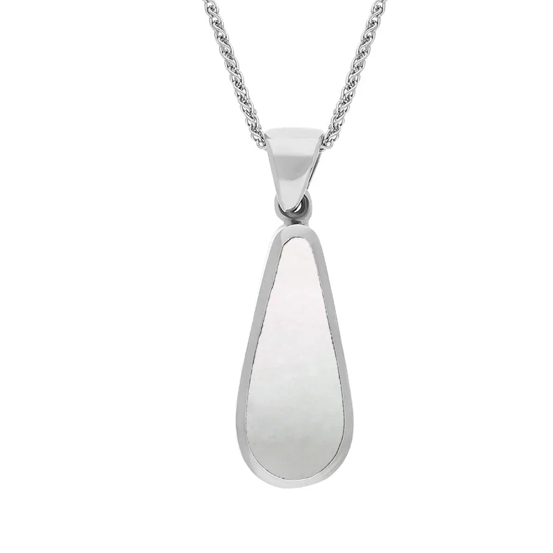 18ct White Gold Whitby Jet Mother Of Pearl Double Sided Pear Cut Fob Necklace