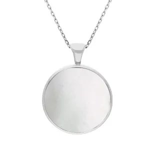 18ct White Gold Whitby Jet Mother Of Pearl Double Sided Round Fob Necklace