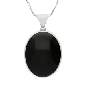 18ct White Gold Whitby Jet Mother of Pearl King's Coronation Hallmark Double Sided Oval Necklace D