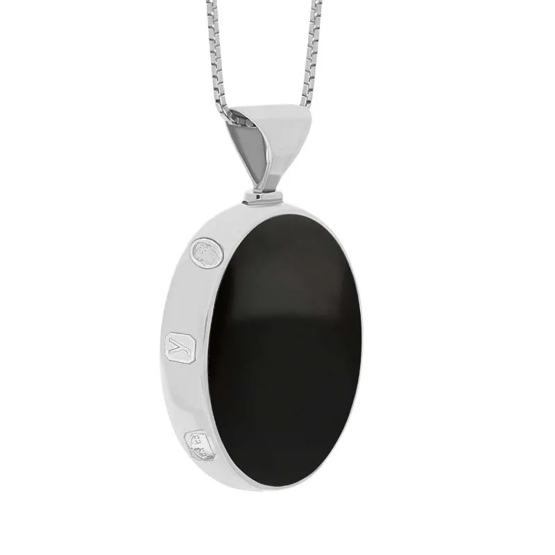 18ct White Gold Whitby Jet Mother of Pearl King's Coronation Hallmark Double Sided Oval Necklace D