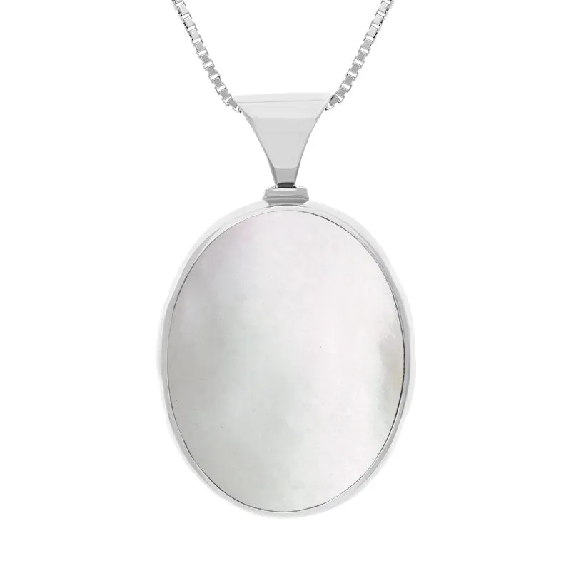 18ct White Gold Whitby Jet Mother of Pearl King's Coronation Hallmark Double Sided Oval Necklace D