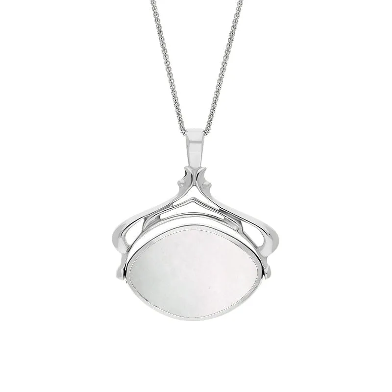 18ct White Gold Whitby Jet Mother Of Pearl Marquise Swivel Fob Necklace