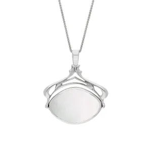 18ct White Gold Whitby Jet Mother Of Pearl Marquise Swivel Fob Necklace